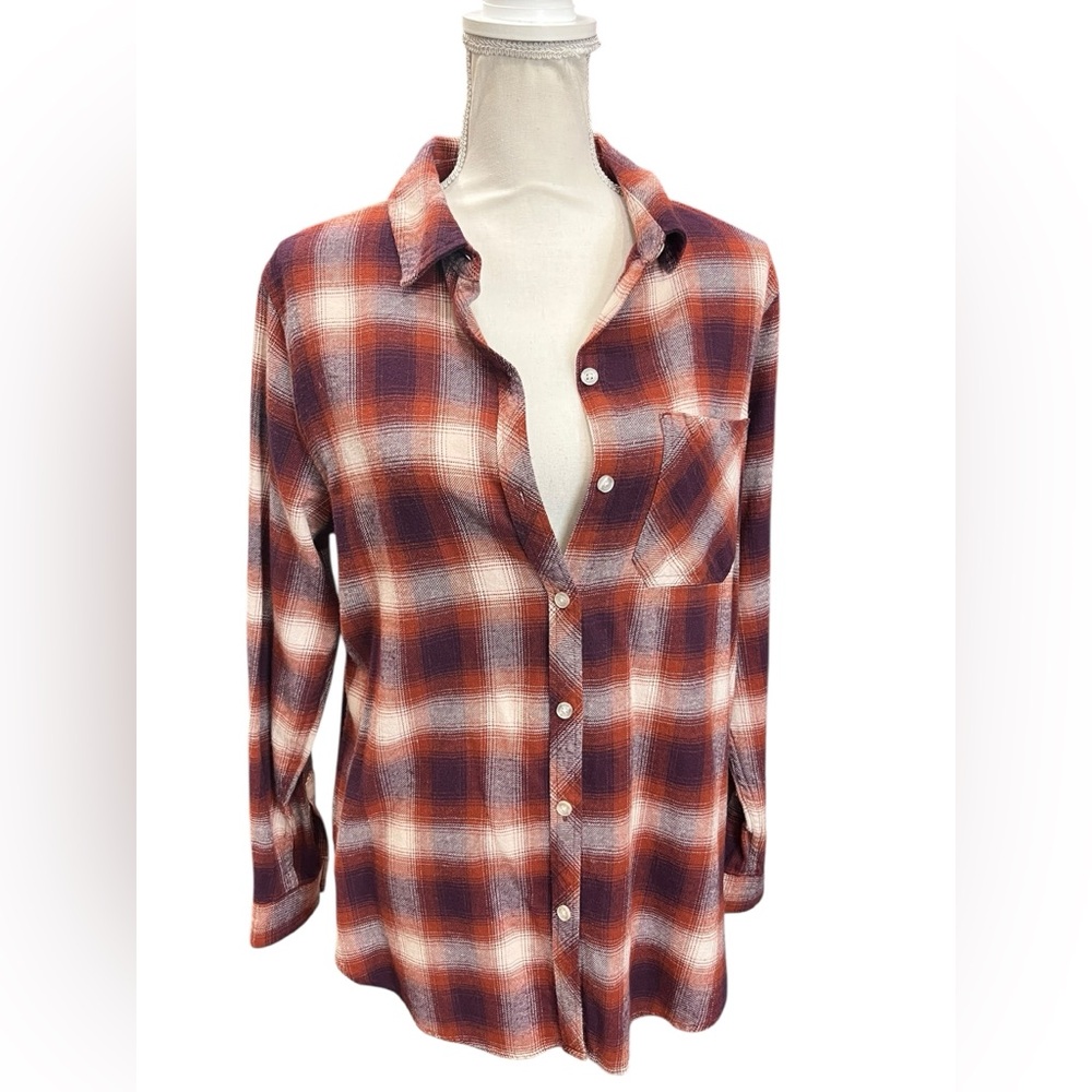 GAP Moana Plaid Button Down Shirt Rust/Burgundy —… - image 2